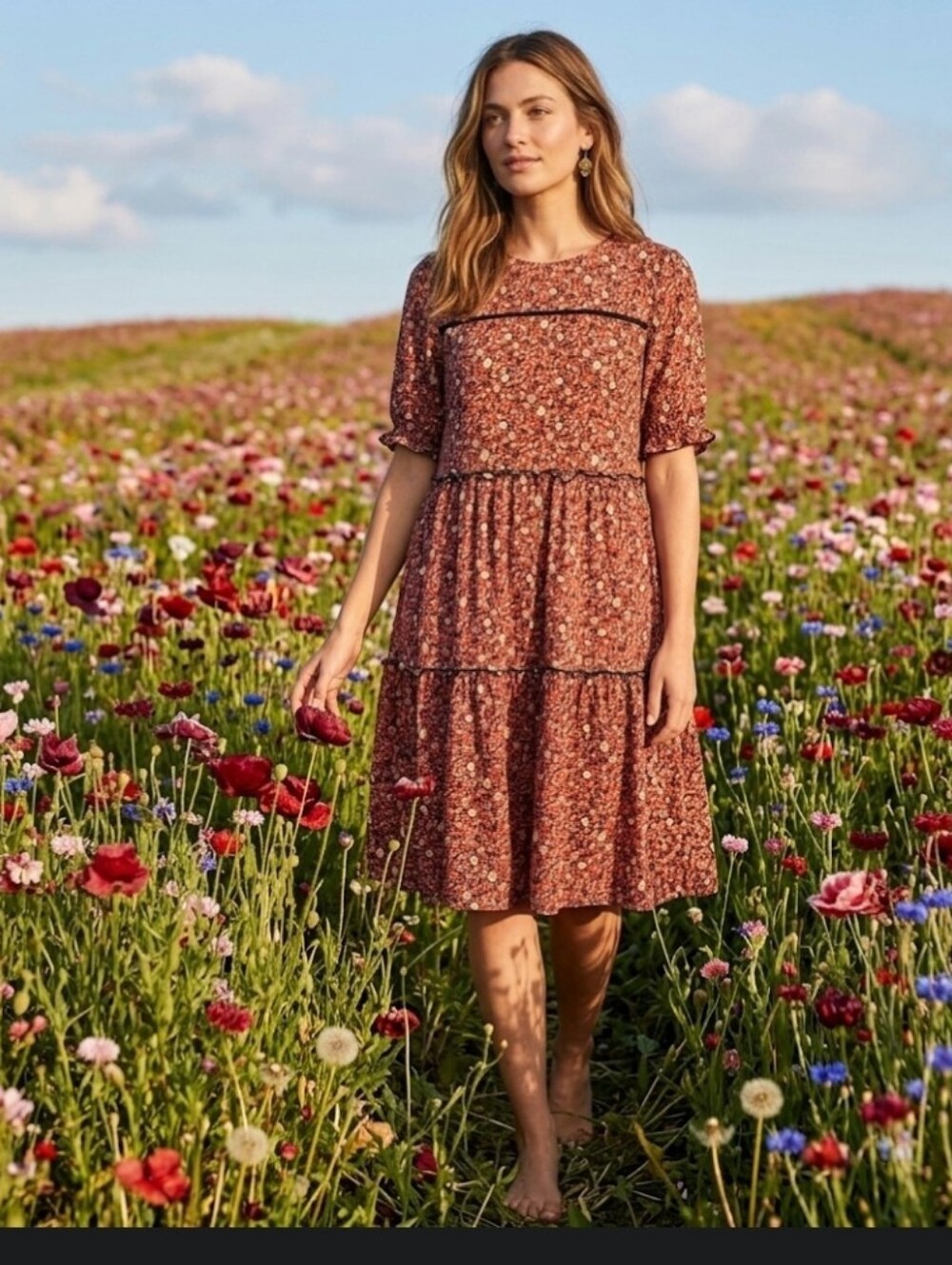 Tiered brown floral babydoll Dress S Knox Rose